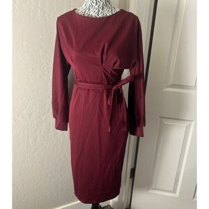 Jasambac Midi Dress Womens Burgundy Medium Long Sleeve Tie Waist Sheath Elegant